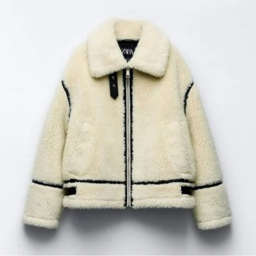 Zara Women's Ecru Faux Fur Biker Jacket sz S